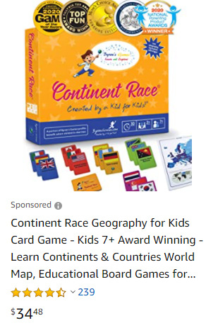 Continent Race Geography Learning Jeu éducatif pour les enfants de 7 ans et  plus Trivia Card Board Game for Family Activities, Game Night by Byron's  Games Award Winning 